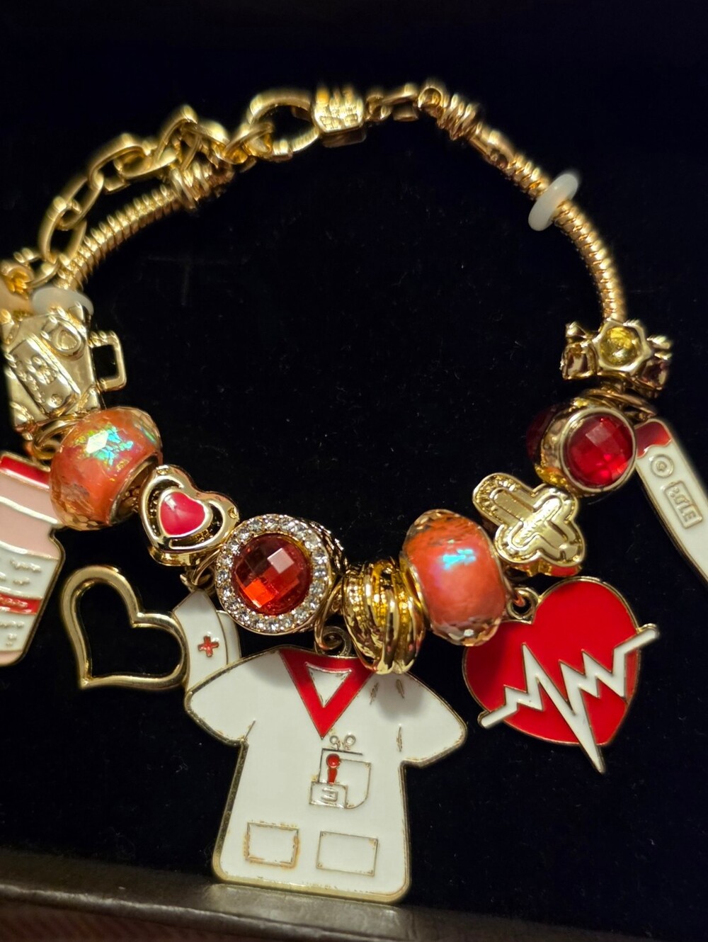 Gold-Tone Medical Charm Bracelet with Red & Coral Accents